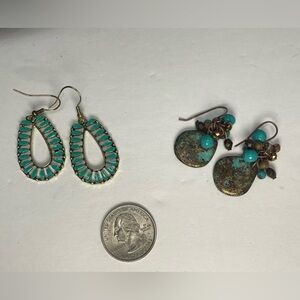 Southwestern Dangle Earrings green and gold tone and copper with faux turquoise